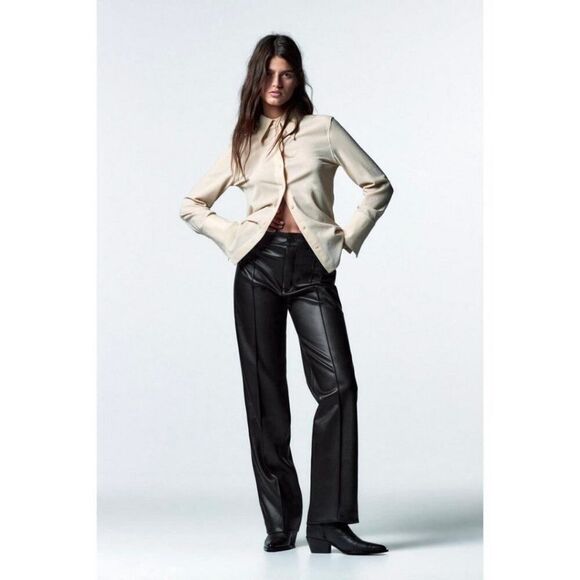 New‎ Zara Black Vegan Leather Full Length Straight Leg Pants Medium - Picture 1 of 9